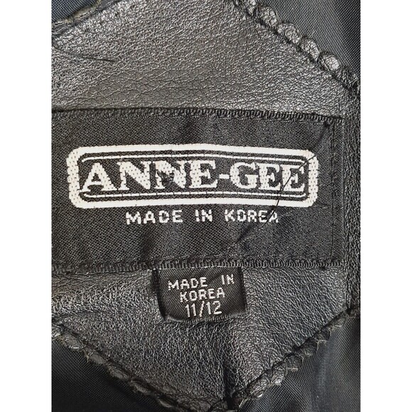 Vintage 80s Ann-Gee Wool Blend Coat XL Black Lined Tweed Leather Trim 11/12 - Picture 12 of 14